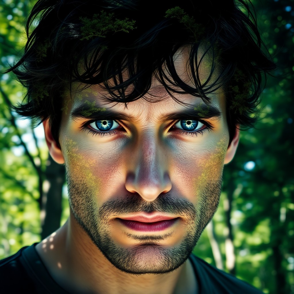 AI generated art for prompt: A striking double exposure portrait captures a rugged man in his late 30s with piercing blue eyes an