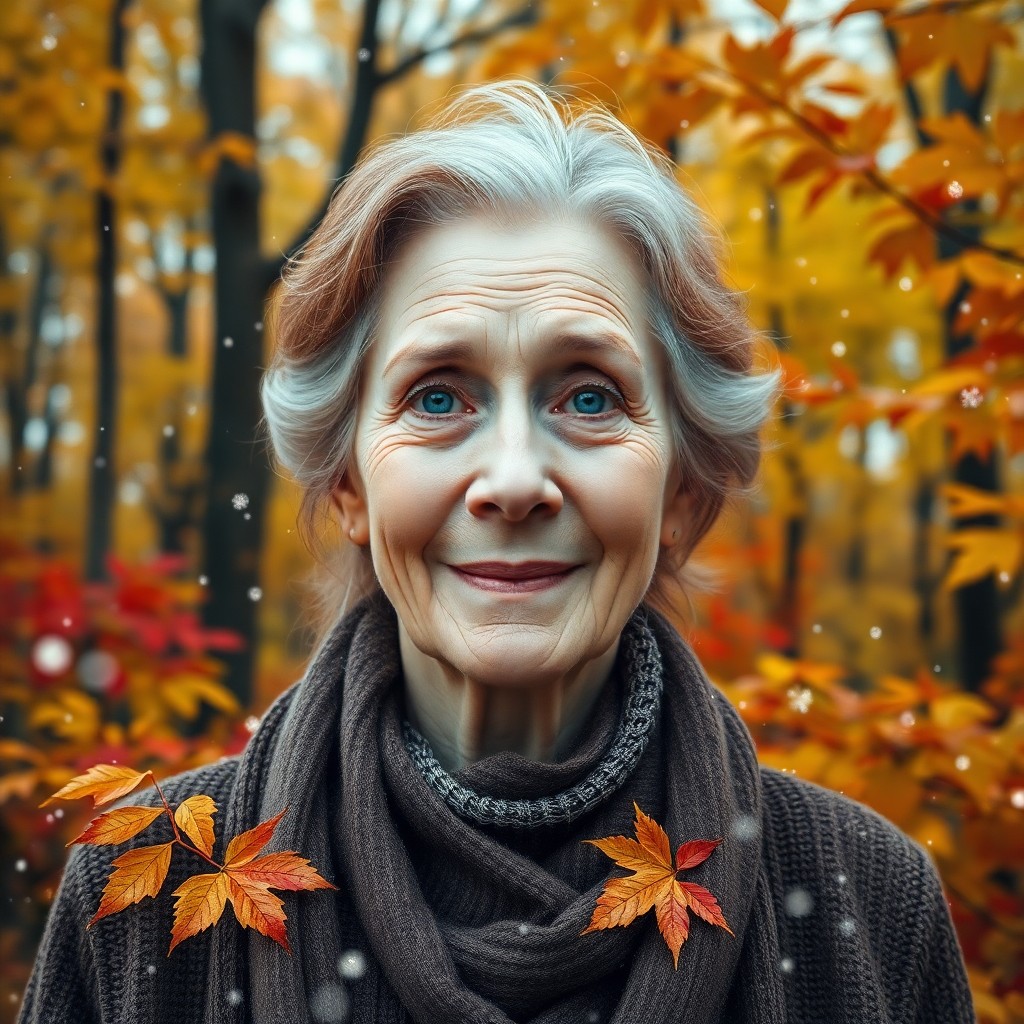 AI generated art for prompt: Amidst a vibrant autumn forest, an elderly woman with piercing blue eyes stands tall, her face etche