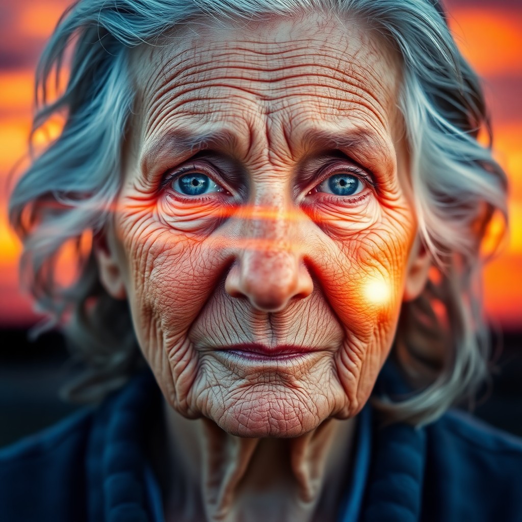 AI generated art for prompt: Envision an elderly woman with a visage weathered by time, her piercing blue eyes reflecting centuri