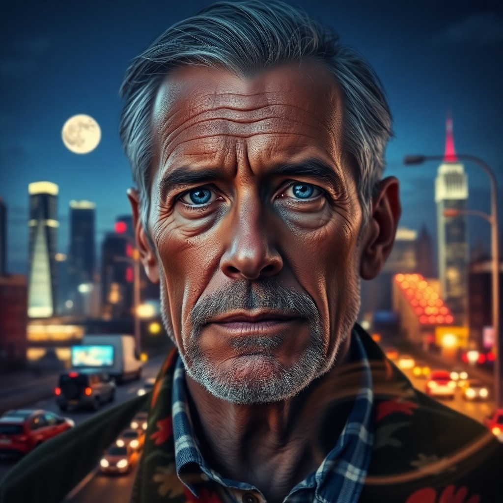 AI generated art for prompt: Craft a photorealistic portrait featuring a resolute middle-aged man with piercing blue eyes and wea