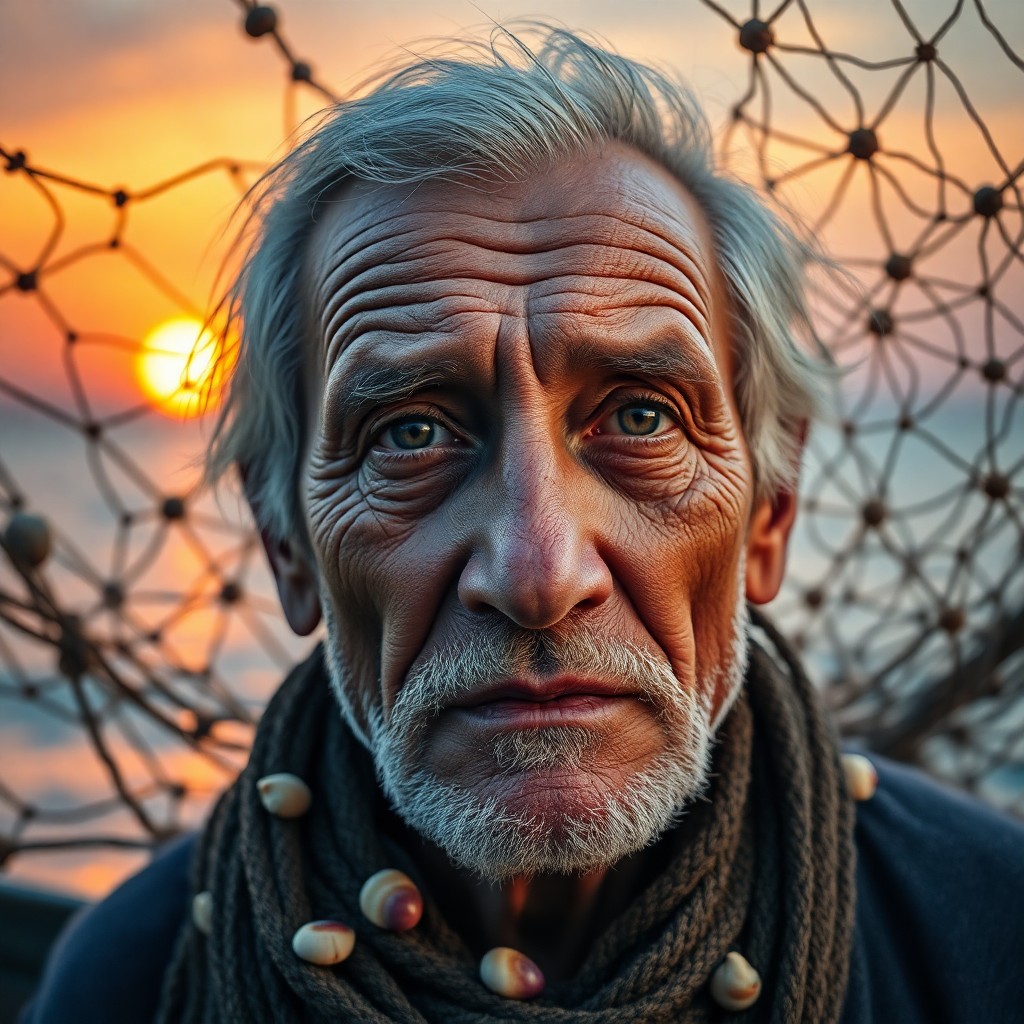 AI generated art for prompt: Craft a photorealistic portrait of an aged fisherman with a faraway gaze, his face etched with wrink