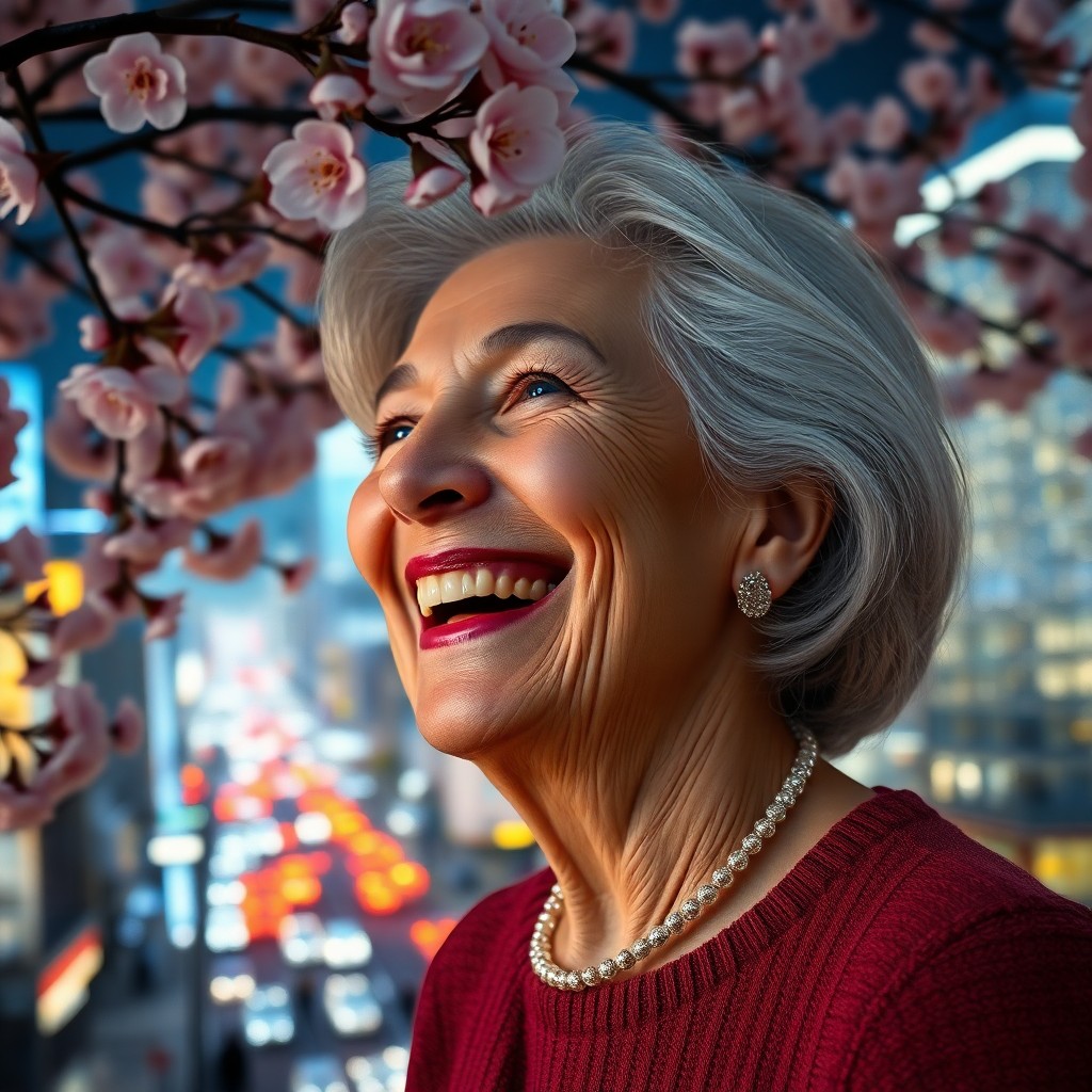 AI generated art for prompt: A photorealistic portrait showcases an elegant older woman with silver hair and striking blue eyes, 