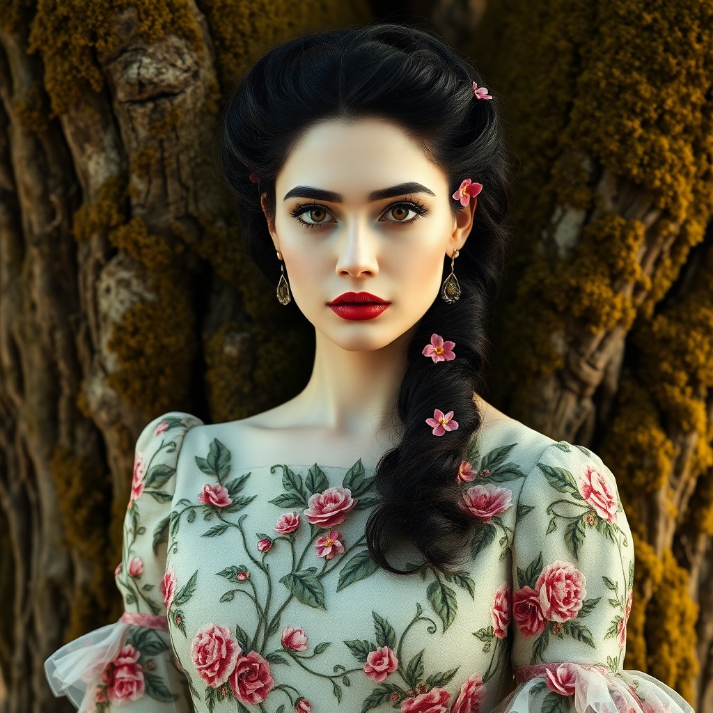 AI generated art for prompt: An enigmatic woman, adorned in a Victorian gown with intricate floral patterns resembling a blooming