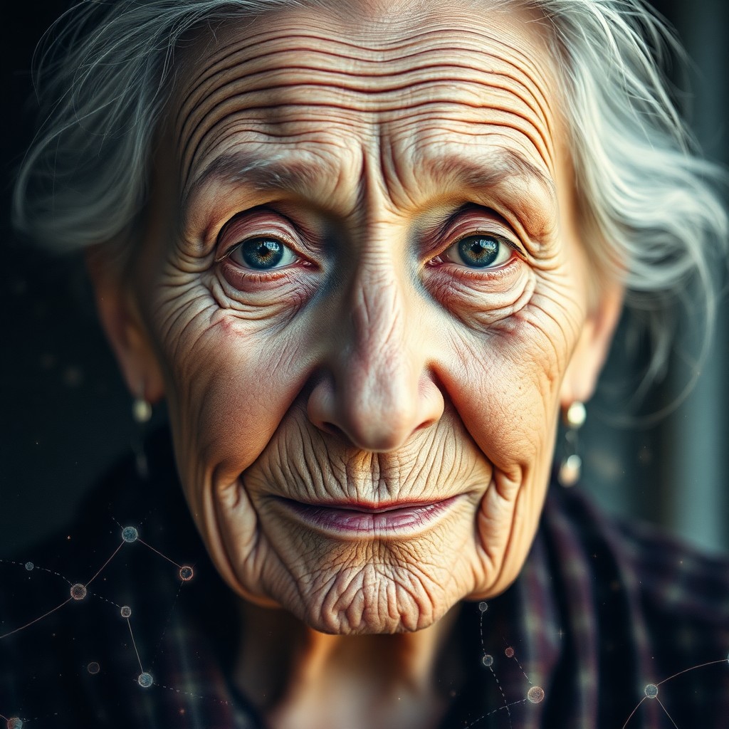 AI generated art for prompt: Craft a vivid double exposure portrait featuring an elderly woman with weathered skin and gentle eye