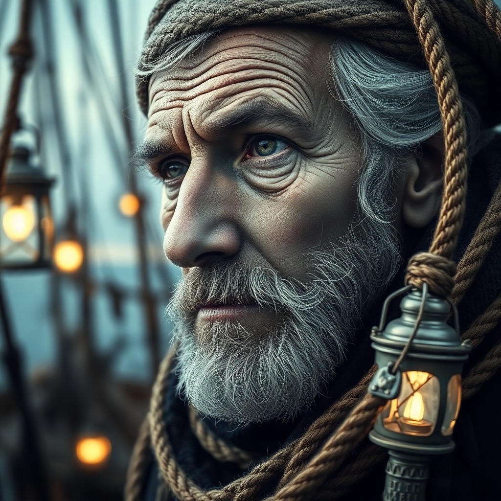 AI generated art for prompt: Craft a detailed double exposure portrait showcasing an aged sailor's weathered visage, his features