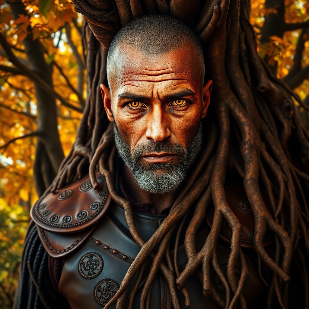 AI generated art for prompt: A captivating portrait emerges amidst a vibrant autumnal backdrop, showcasing an enigmatic figure wi