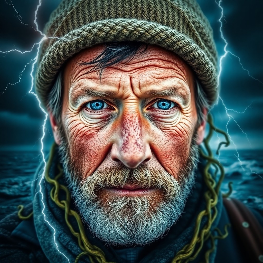 AI generated art for prompt: Craft a double exposure portrait featuring a weathered fisherman with rugged features and piercing b