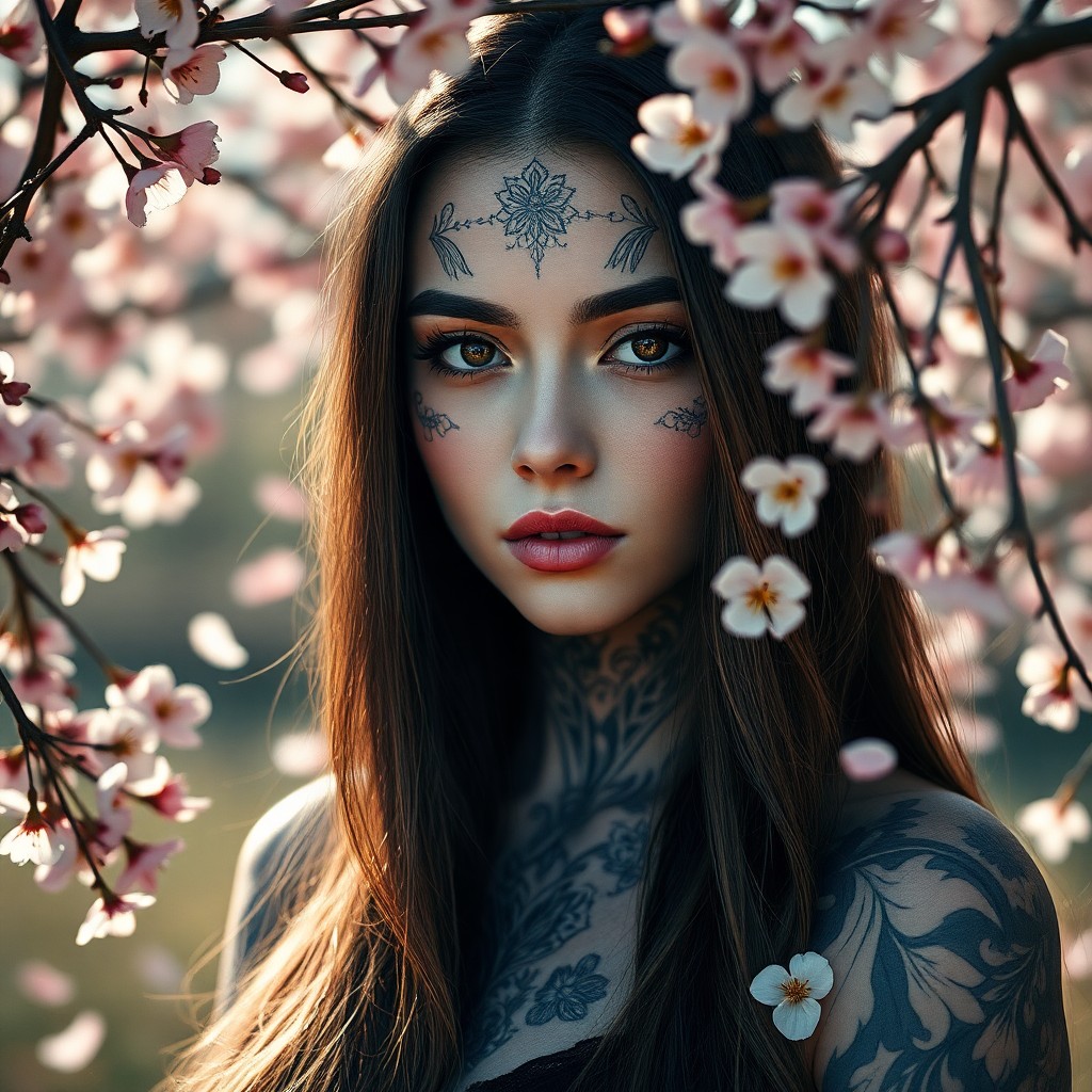 AI generated art for prompt: An enigmatic female subject with intricate facial tattoos that seamlessly blend into delicate cherry