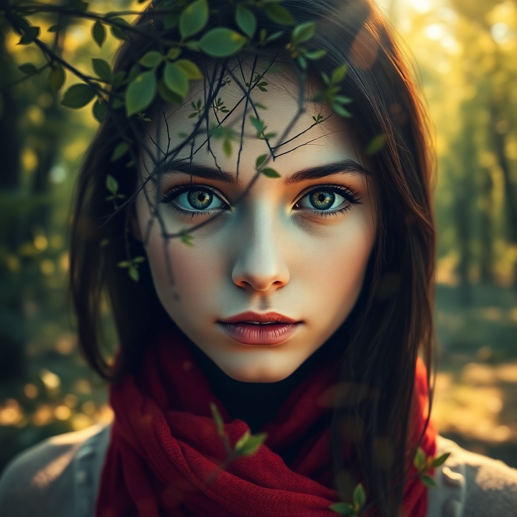 AI generated art for prompt: A captivating portrait showcases an enigmatic young woman with striking green eyes and a vibrant red