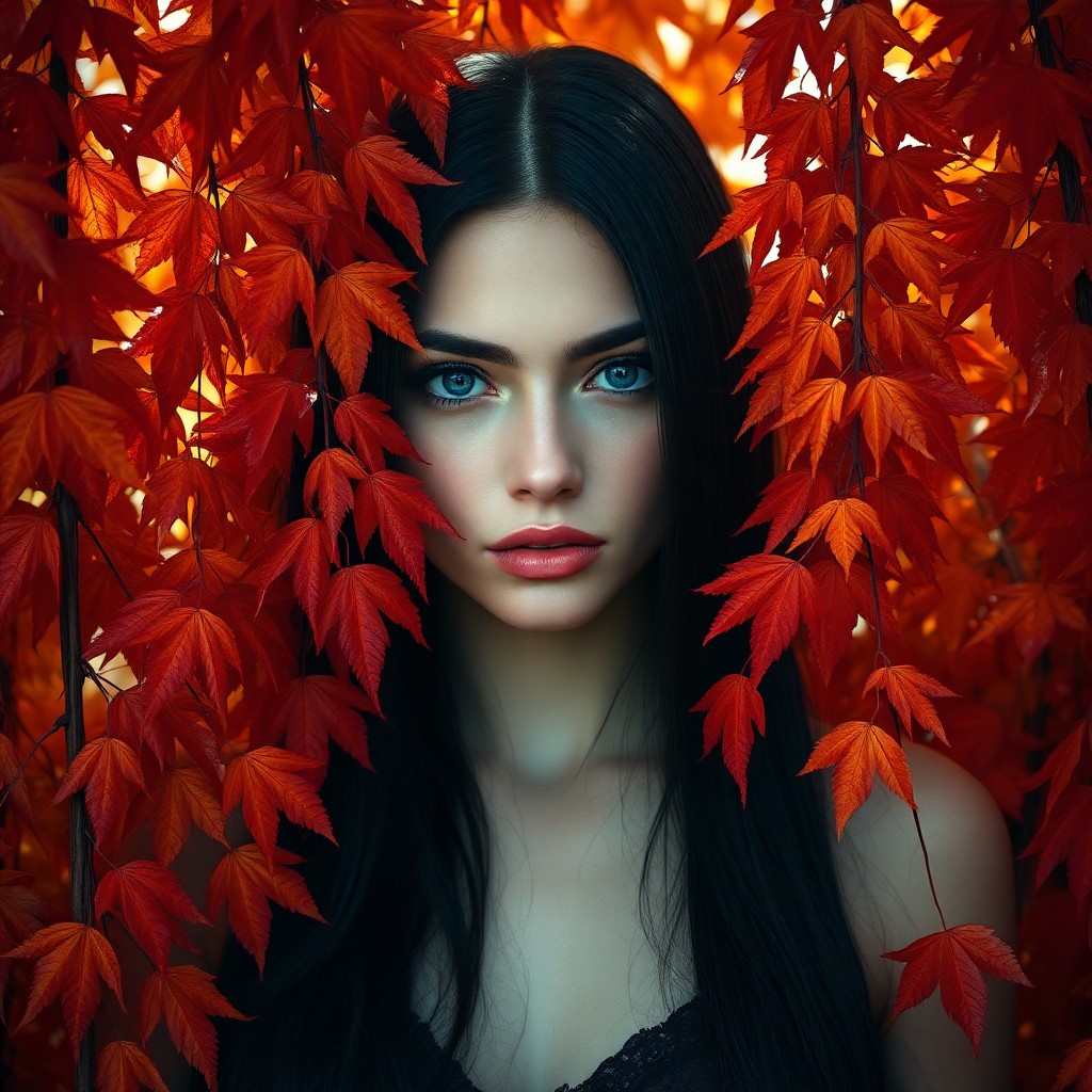 AI generated art for prompt: An enigmatic woman with piercing sapphire eyes and sleek raven hair stands amidst a vibrant tapestry