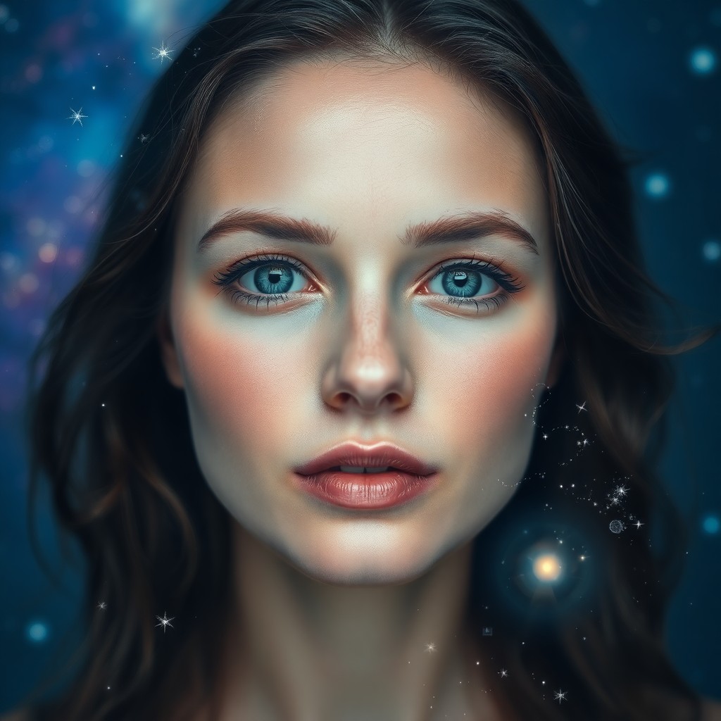 AI generated art for prompt: A woman of ethereal beauty, her mid-thirties marked by a celestial twist. Porcelain skin blends seam