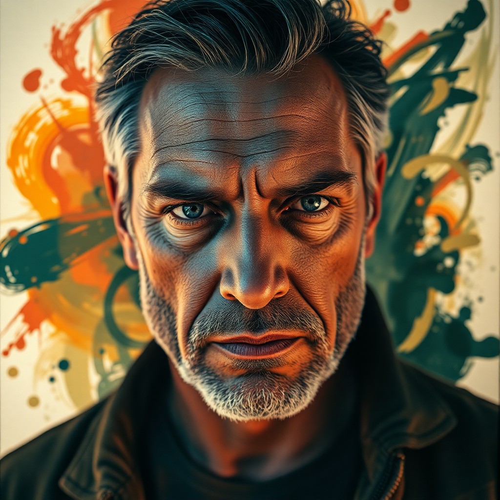 AI generated art for prompt: A captivating double exposure portrait showcases a stoic middle-aged man with piercing blue eyes, a 