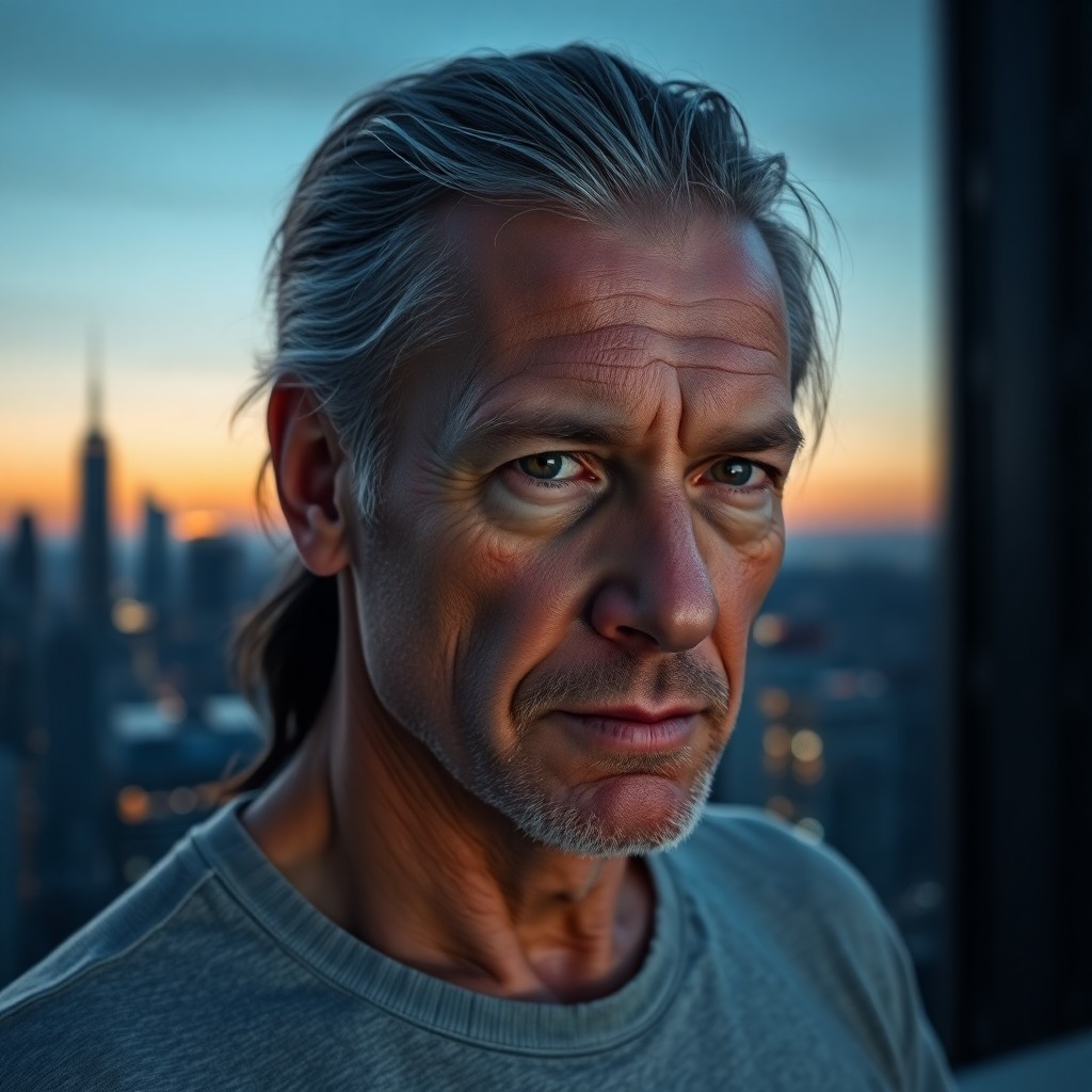 AI generated art for prompt: A photorealistic digital portrait depicts a middle-aged man with distinctive features: deep-set eyes