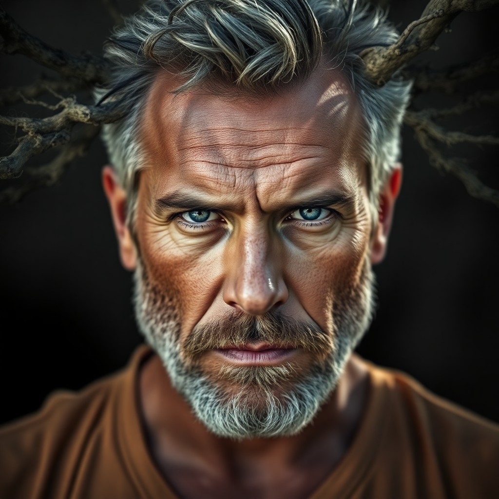 AI generated art for prompt: A captivating digital portrait showcases a ruggedly handsome man in his late forties with weathered 