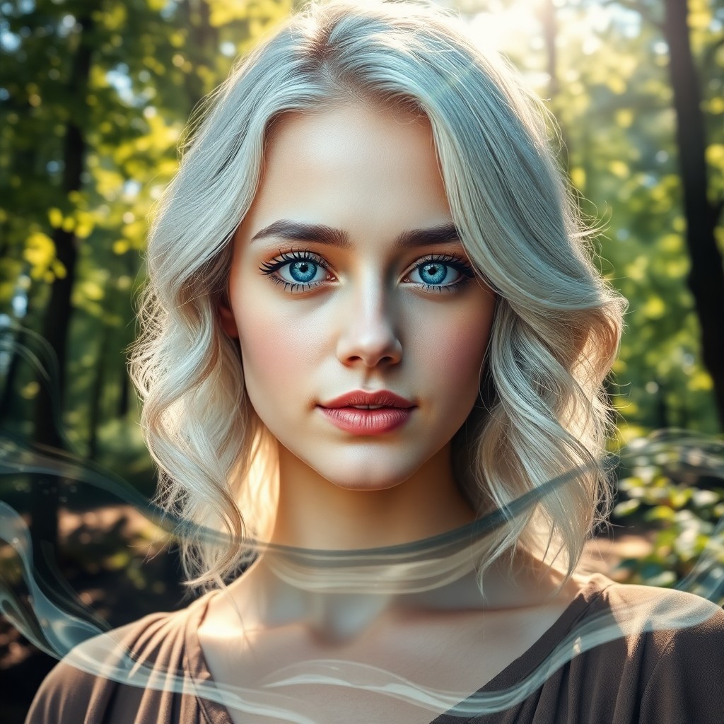 AI generated art for prompt: Create an enchanting double exposure portrait of a captivating person with mesmerizing blue eyes and