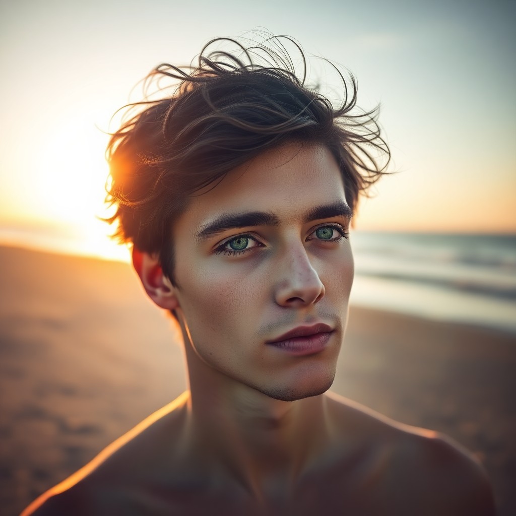 AI generated art for prompt: Craft a photorealistic portrait of a young man with vivid green eyes and sun-kissed skin, his dark h