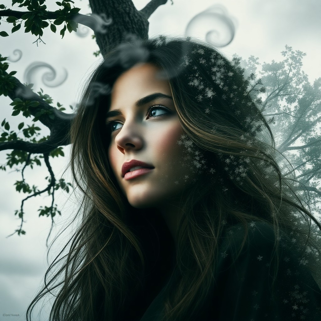 AI generated art for prompt: A captivating double exposure portrait showcases a mesmerizing woman with flowing hair that seamless