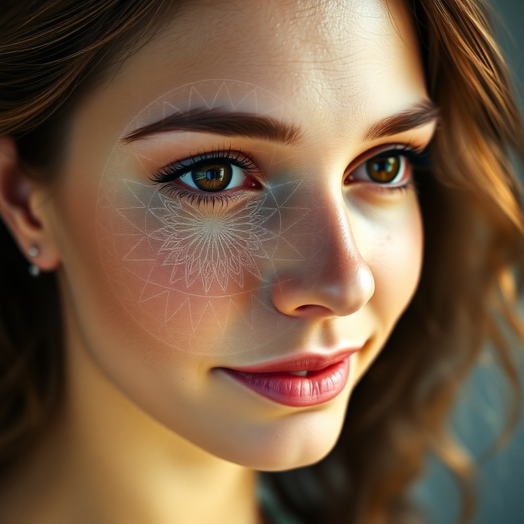 AI generated art for prompt: A photorealistic digital portrait captures a serene woman in her late twenties with delicate freckle