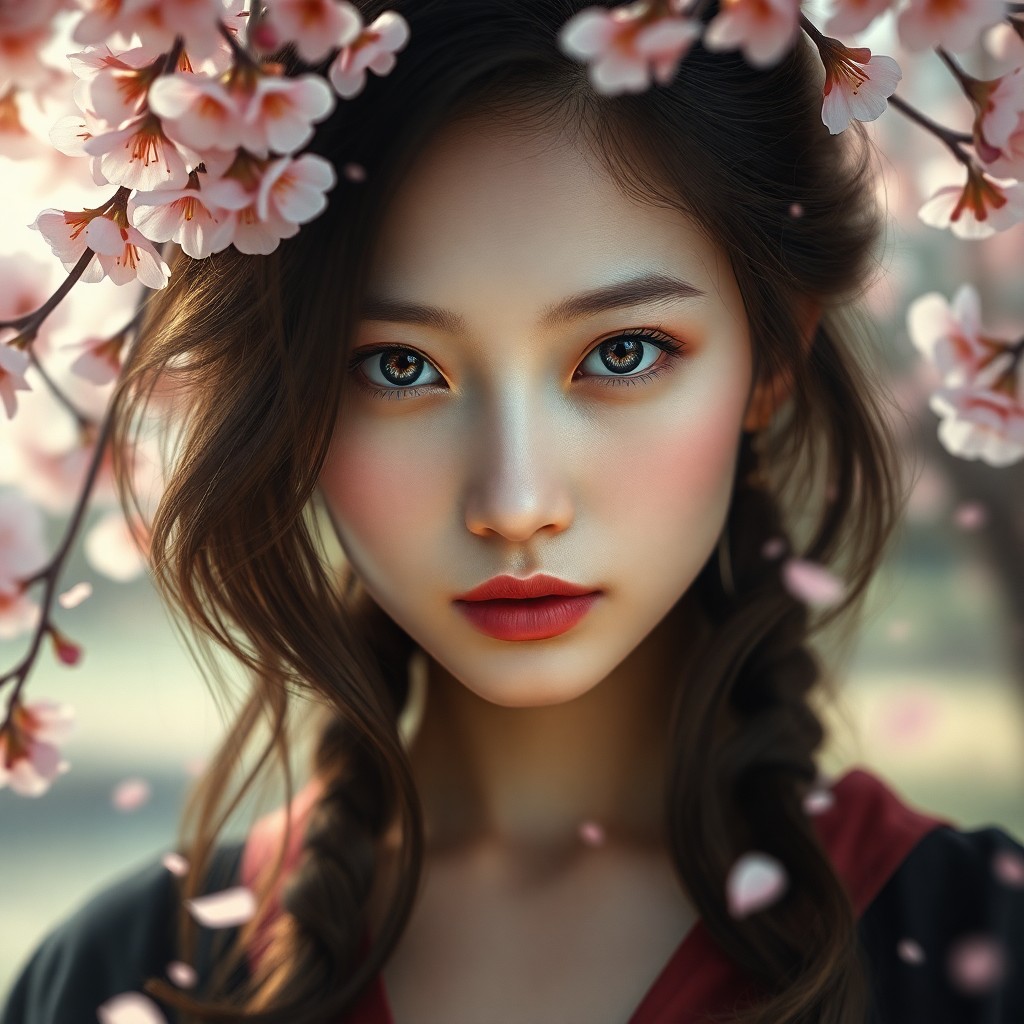 AI generated art for prompt: Craft a photorealistic digital portrait of an enigmatic woman with cascading cherry blossom-infused 