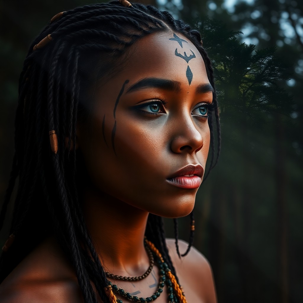 AI generated art for prompt: A young woman with warm, earthy skin adorned by intricate tribal markings gazes pensively into the d