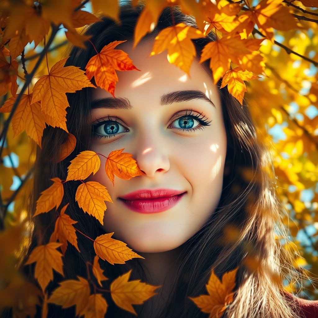 AI generated art for prompt: Envision a captivating photorealistic portrait of a young woman with vibrant autumn leaves swirling 