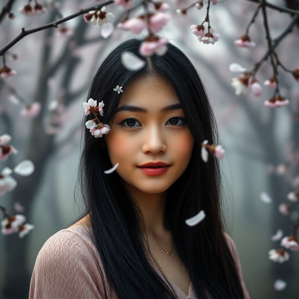 AI generated art for prompt: An iPhone portrait captures a young East Asian model amidst a mystical cherry blossom forest. She st