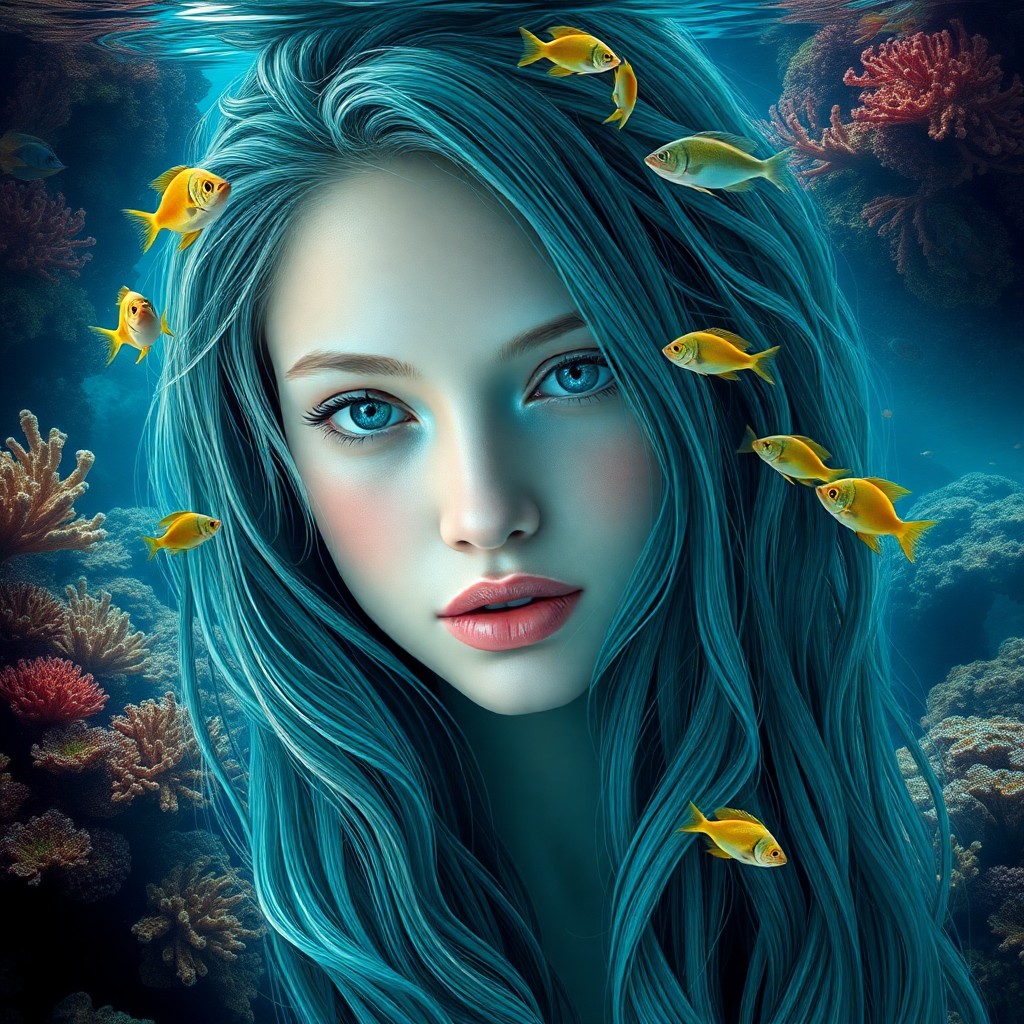 AI generated art for prompt: A digital artist masterfully fuses photorealism with an enchanting underwater realm to craft a capti