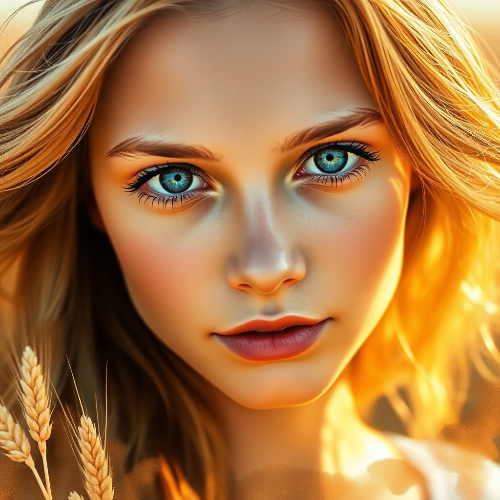 AI generated art for prompt: Craft a photorealistic digital portrait of a young woman with cascading golden hair, evoking the war