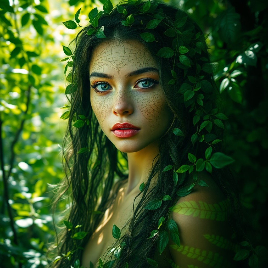 AI generated art for prompt: Imagine a captivating portrait of a young woman with long hair woven from translucent leaves and vin