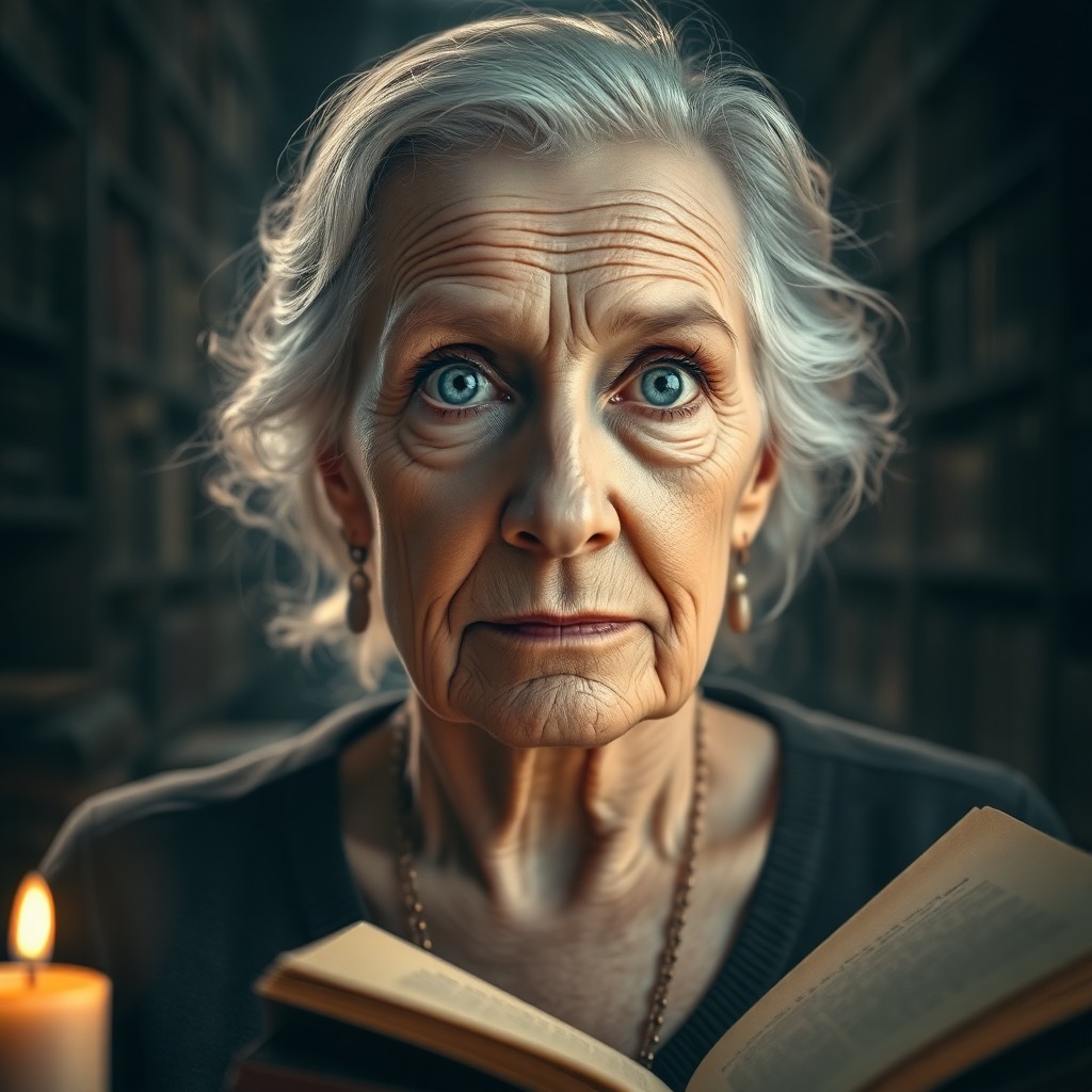 AI generated art for prompt: Capture a photorealistic portrait of an elderly woman, her azure eyes reflecting wisdom and resilien