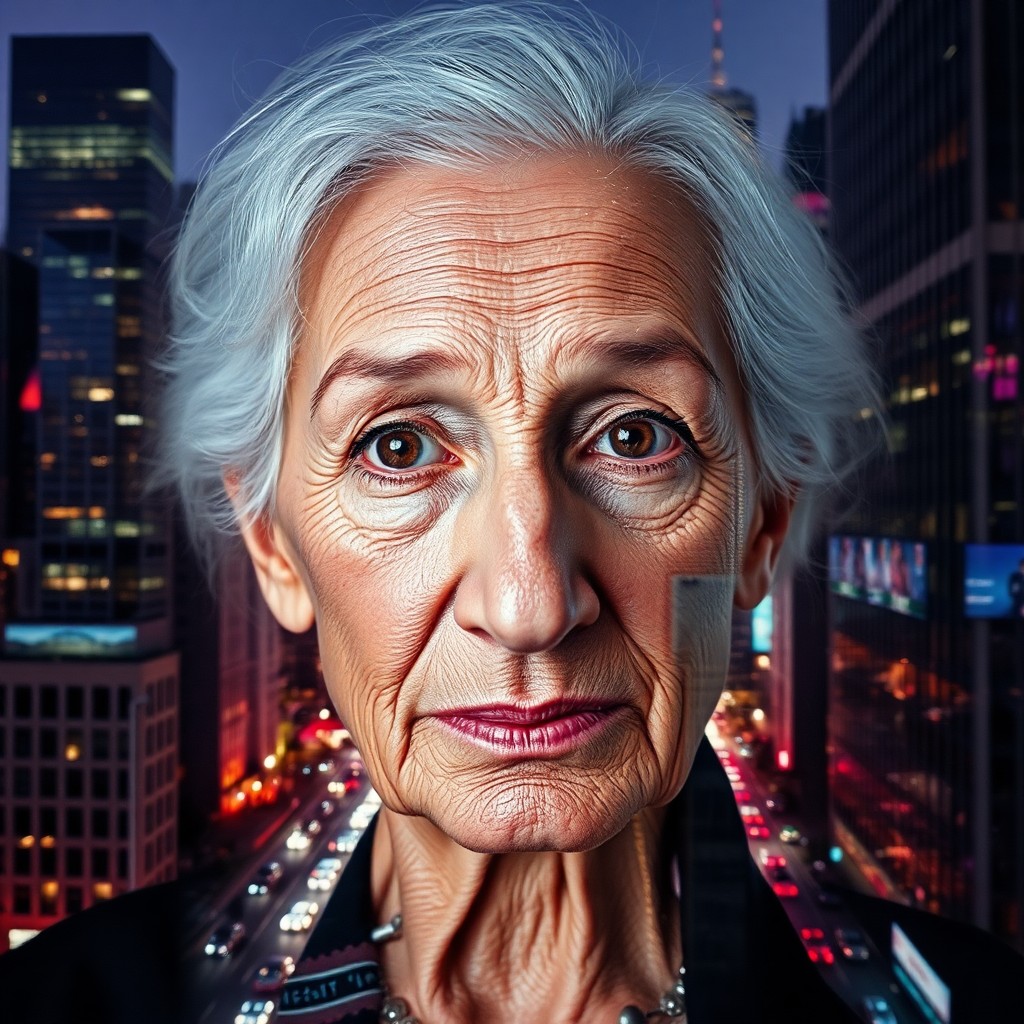 AI generated art for prompt: Imagine a captivating double exposure portrait of an elderly woman with striking silver hair; her fa