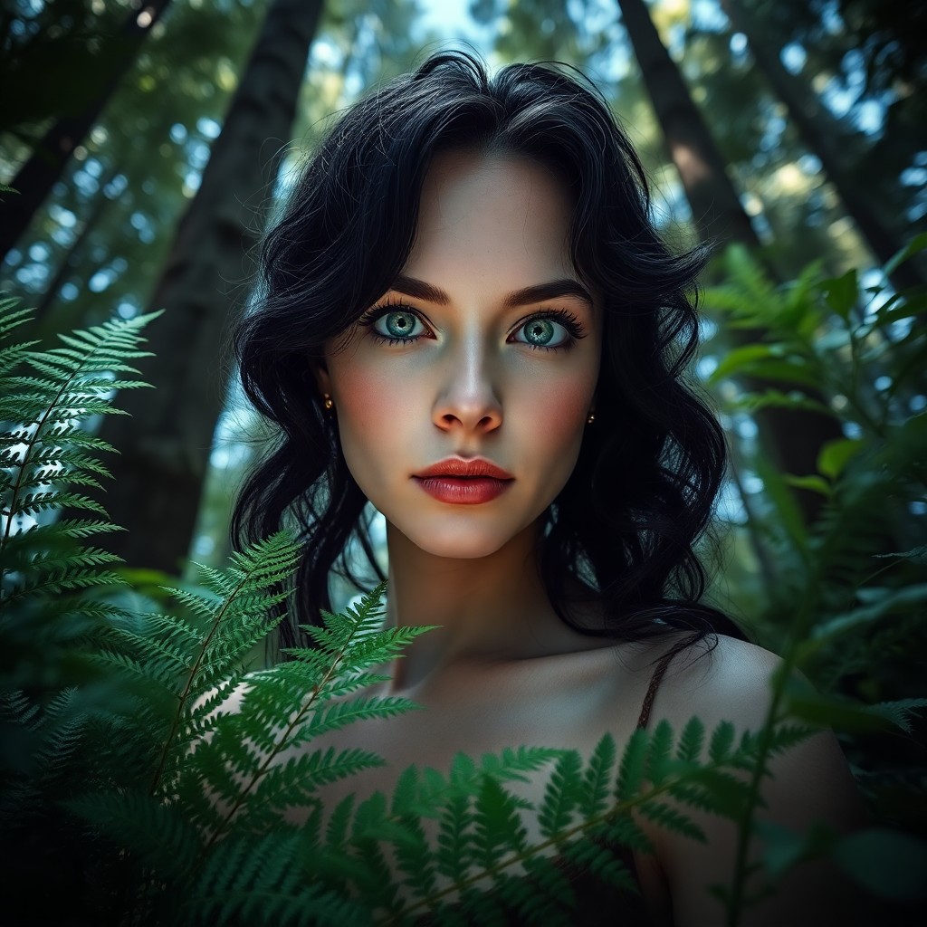 AI generated art for prompt: A mirrorless camera captures a captivating portrait of a woman amidst a mystical forest. Her dark, w