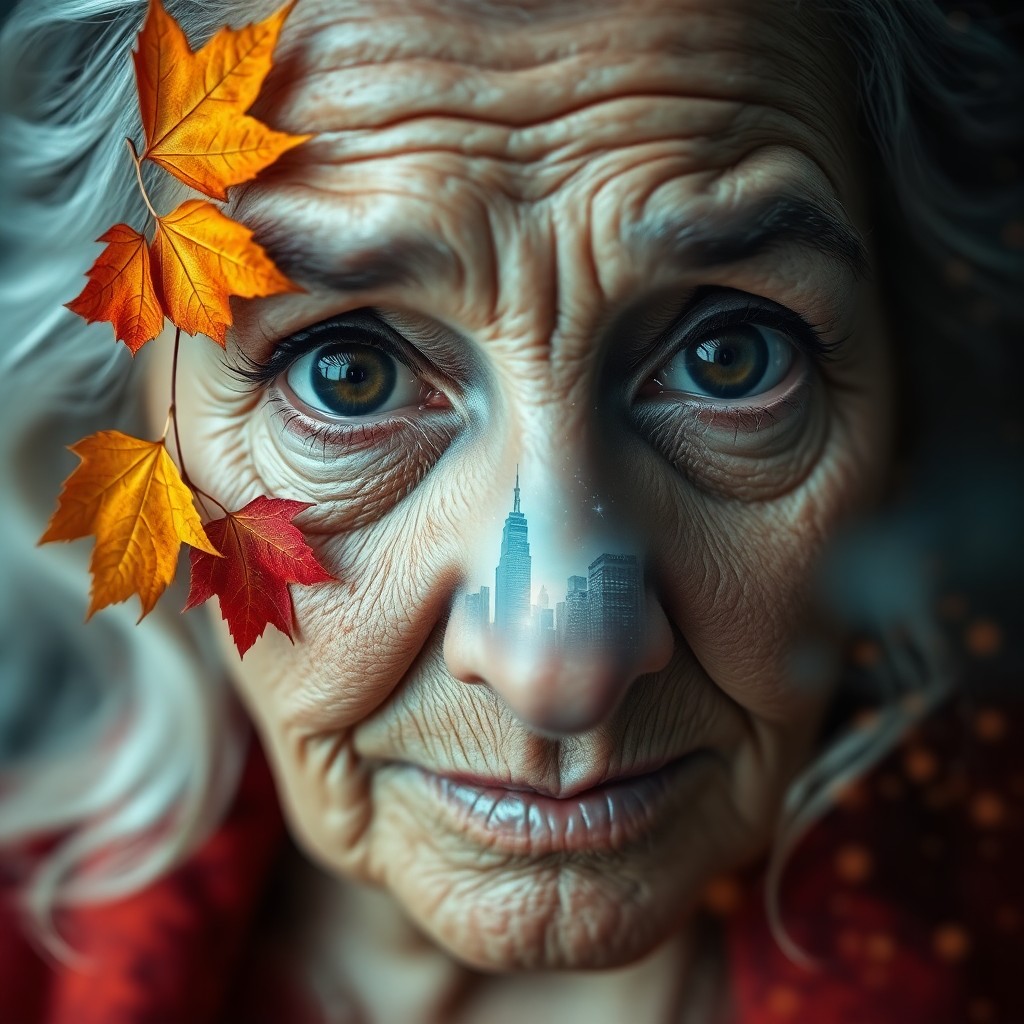 AI generated art for prompt: A striking double exposure portrait reveals an elderly woman's intense gaze; her deep, knowing eyes 