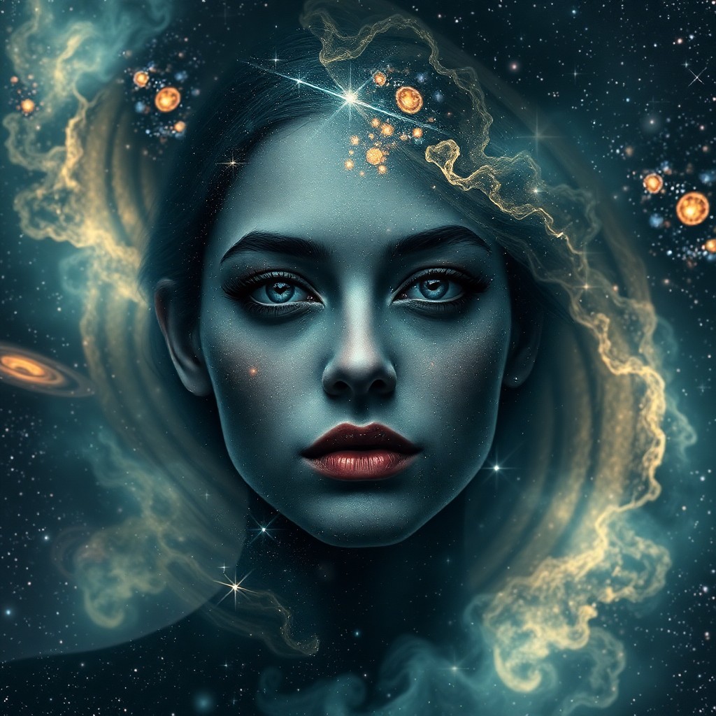 AI generated art for prompt: Mesmerizing portrait of an enigmatic figure seamlessly merging with a cosmic backdrop, their etherea