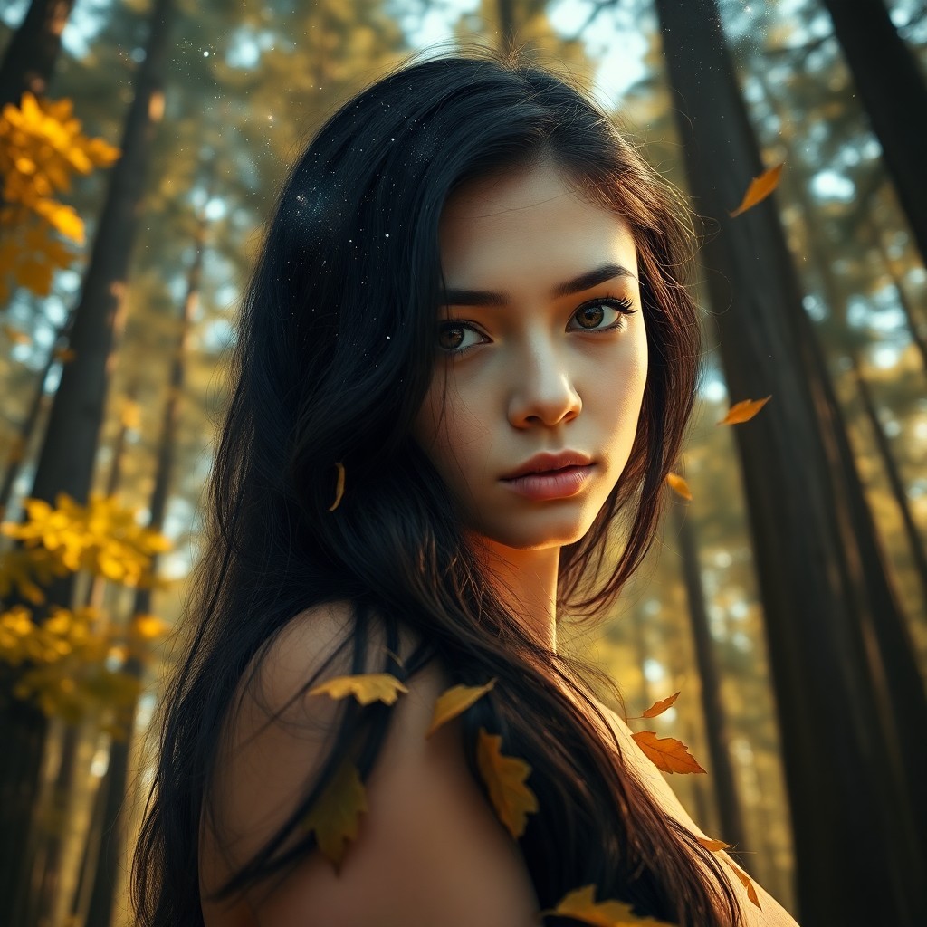 AI generated art for prompt: An ethereal portrait of a young woman with captivating amber eyes and cascading jet-black hair, her 