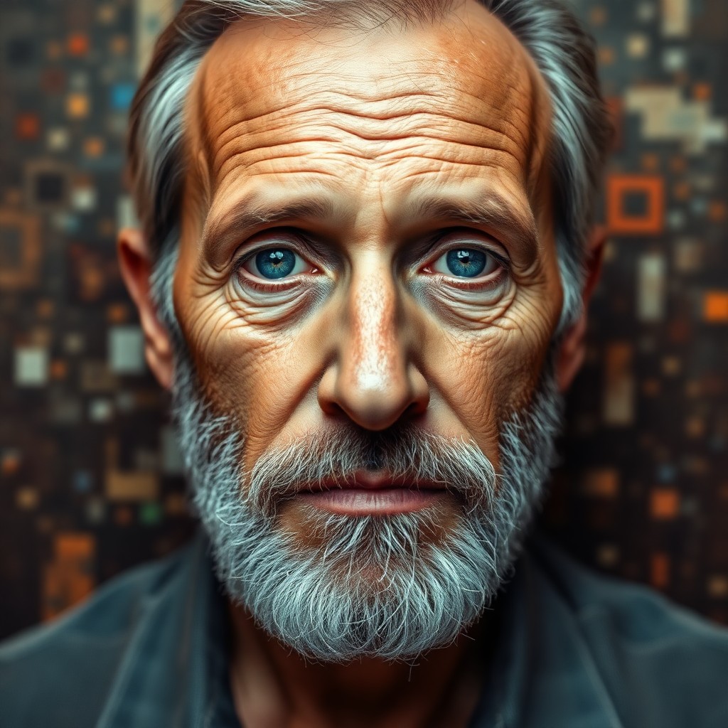 AI generated art for prompt: An older gentleman's portrait highlights his wise blue eyes and neatly trimmed beard, with intricate