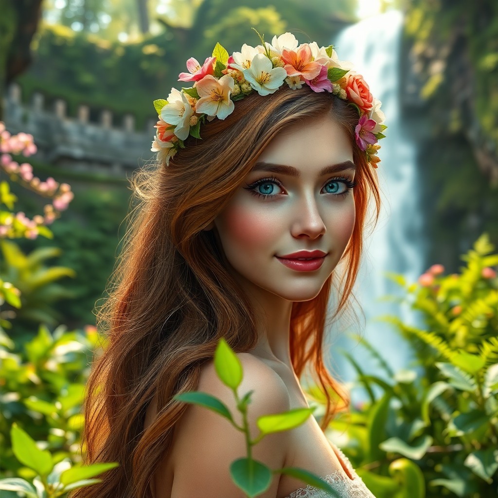 AI generated art for prompt: Craft a photorealistic digital portrait of a youthful woman adorned with cascading chestnut hair and