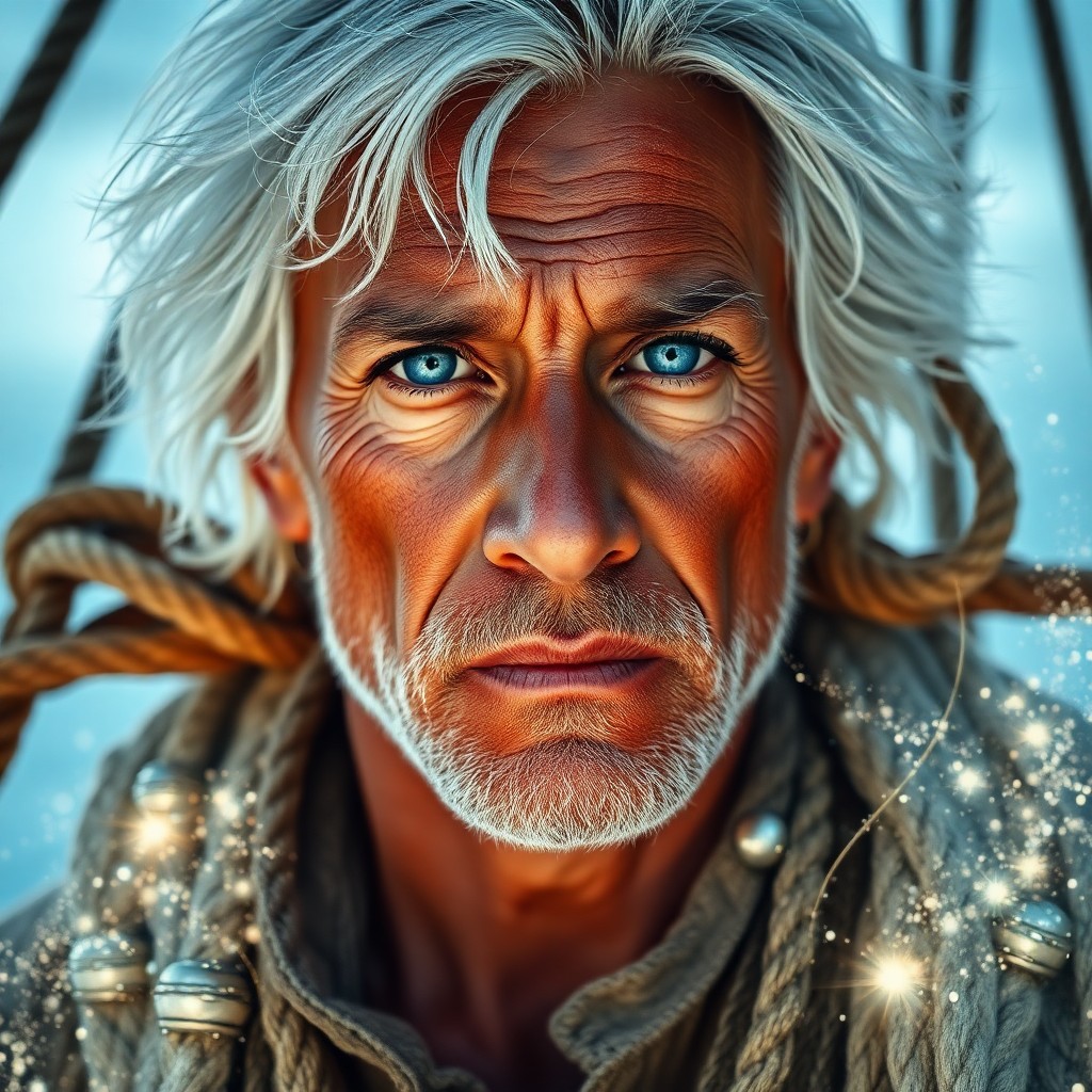 AI generated art for prompt: A seasoned shipwreck explorer's portrait captures his sun-kissed skin and piercing blue eyes, a test