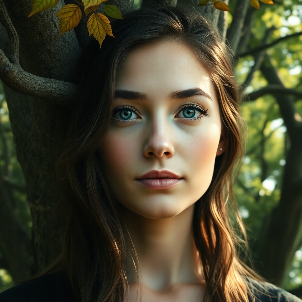 AI generated art for prompt: Craft a photorealistic portrait featuring a serene young woman whose visage seamlessly merges with a