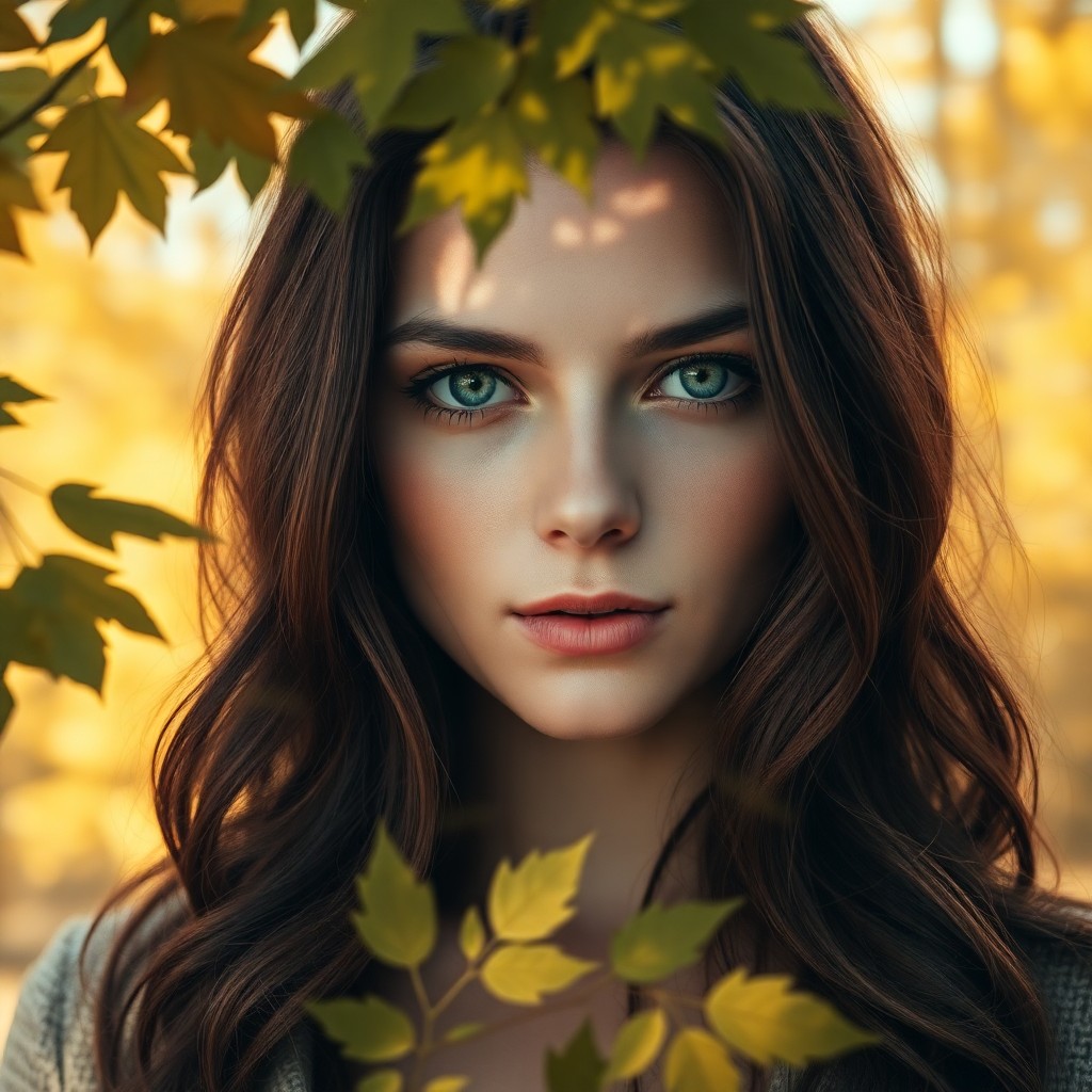 AI generated art for prompt: A double-exposure portrait showcases a young woman with intense green eyes and cascading chestnut ha