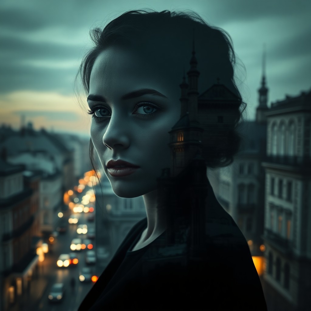 AI generated art for prompt: A hauntingly beautiful portrait of a woman exudes an enigmatic aura as her face seamlessly blends wi