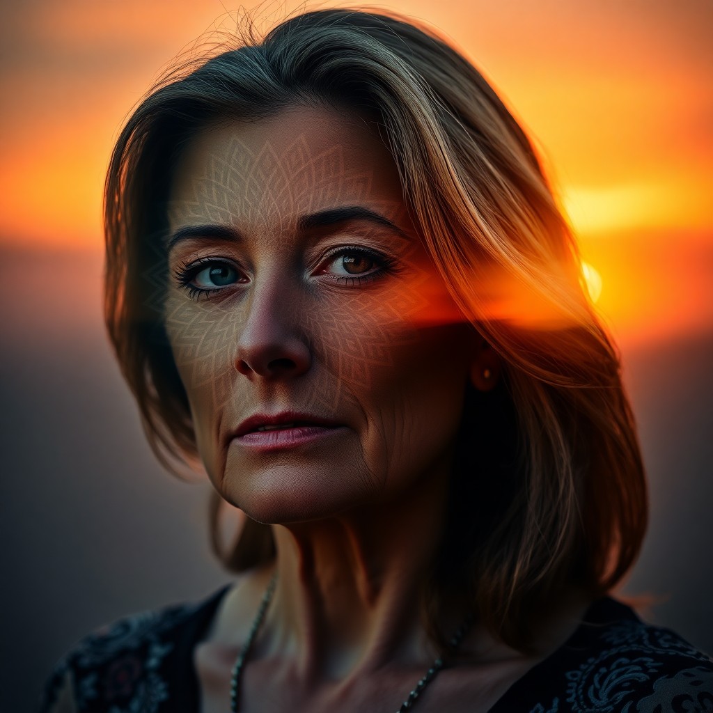 AI generated art for prompt: A captivating portrait showcases a middle-aged woman with an introspective gaze, her features partia