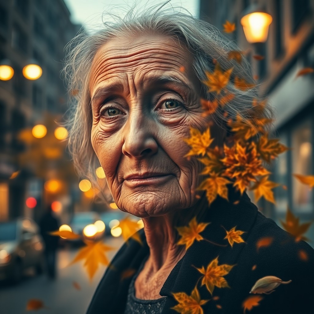 AI generated art for prompt: Imagine a captivating double exposure portrait of an elderly woman with a serene countenance. Her sk