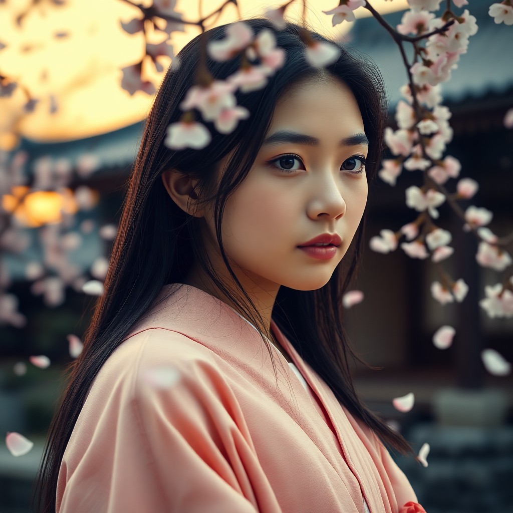 AI generated art for prompt: Amidst the serene atmosphere of an ancient Japanese temple garden at dusk, portray a young woman wit