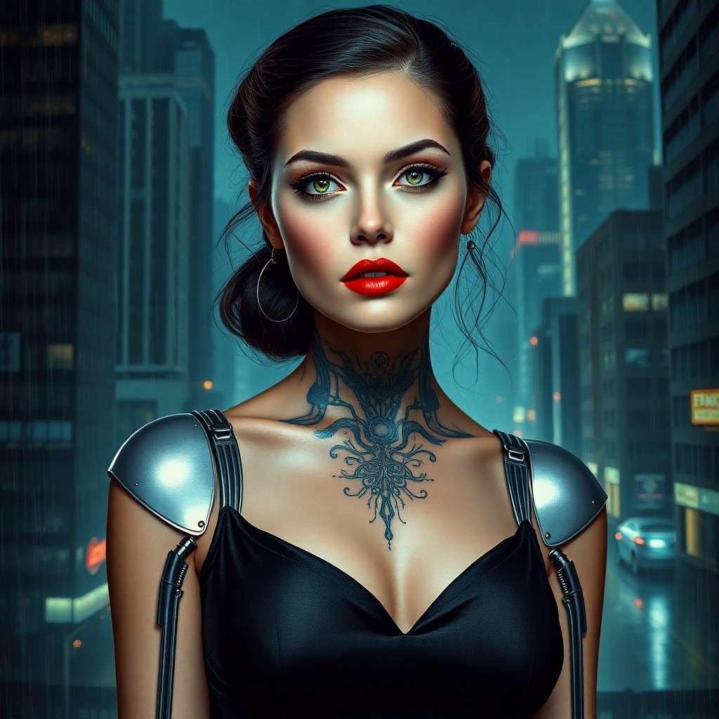 AI generated art for prompt: A photorealistic portrait seamlessly blends vintage glamour with futuristic cyberpunk elements. The 