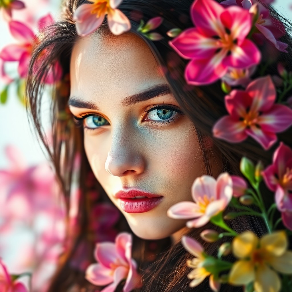 AI generated art for prompt: A captivating double exposure portrait showcases a young woman with striking green eyes and flowing 