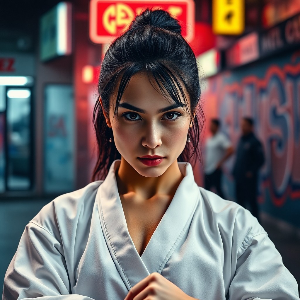 AI generated art for prompt: Craft a captivating double exposure portrait showcasing a focused female martial artist in her prime