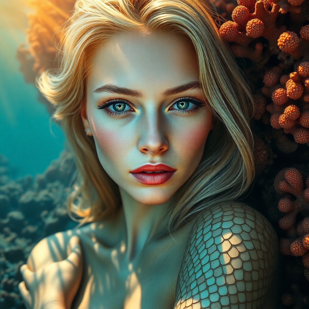 AI generated art for prompt: A serene portrait captures an enigmatic woman whose features merge seamlessly with a vibrant coral r