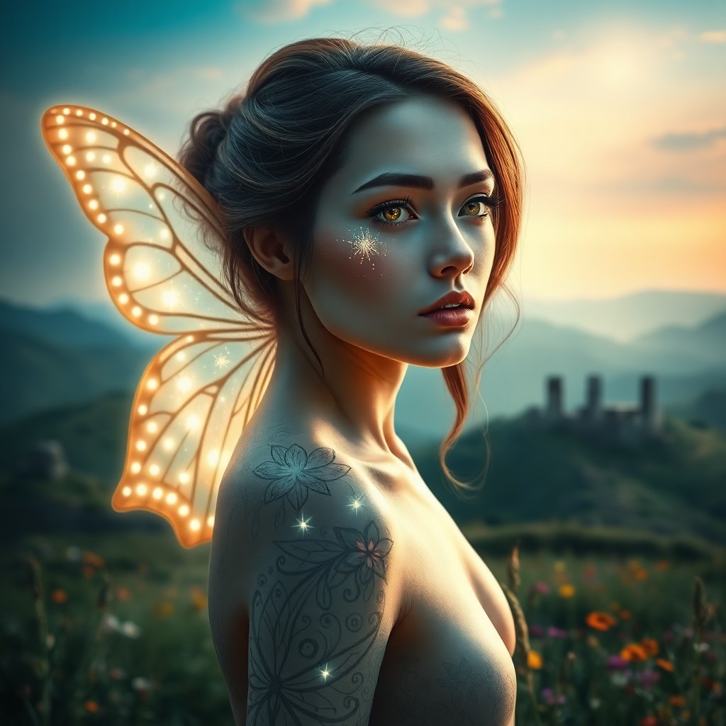 AI generated art for prompt: An enigmatic photorealistic portrait of a female subject showcases her captivating ethereal beauty. 