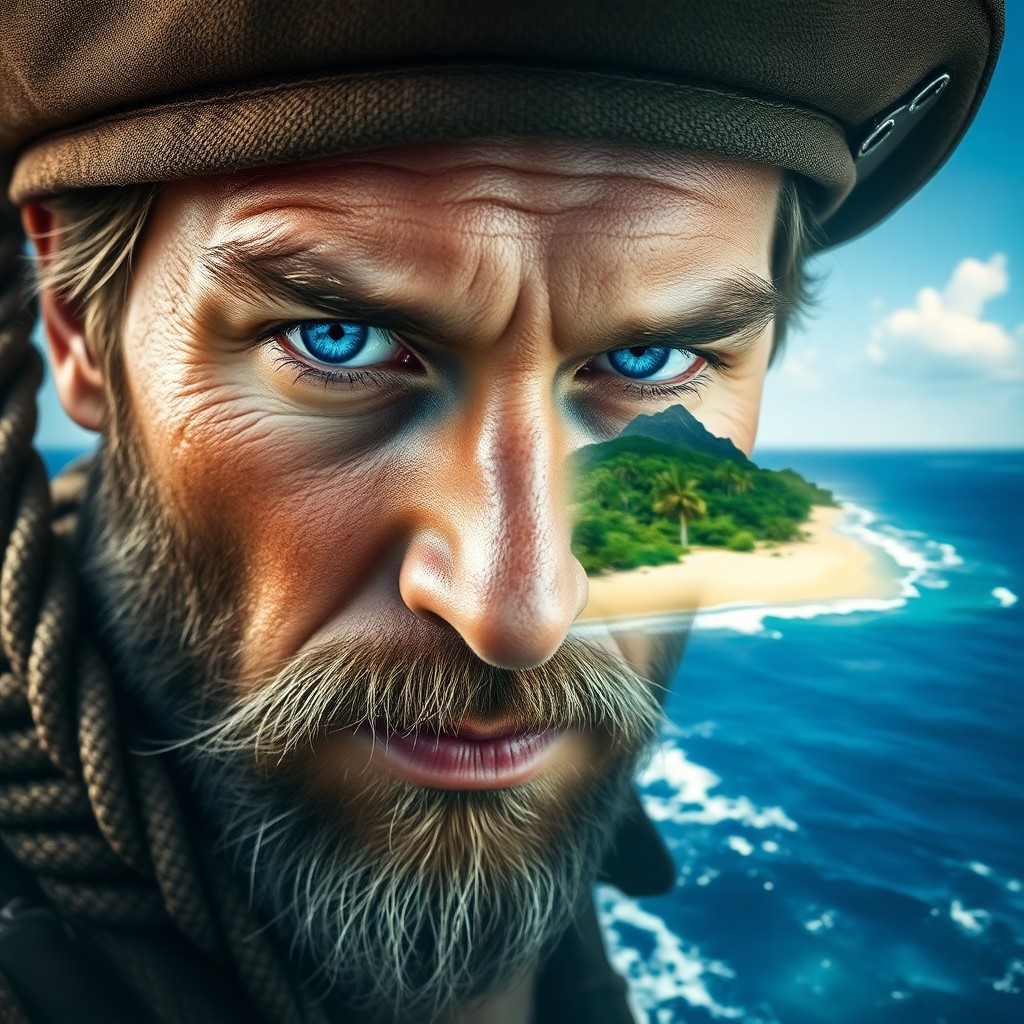 AI generated art for prompt: Craft a double exposure portrait showcasing a rugged shipwreck explorer with weathered features and 